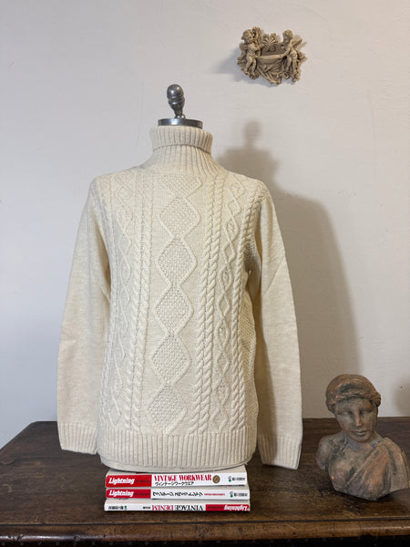 Classic Aran Turtleneck Sweater in Cream Wool