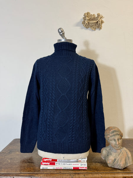 Classic Aran Turtleneck Sweater in Blue Wool