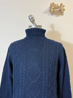 Classic Aran Turtleneck Sweater in Blue Wool