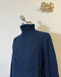 Classic Aran Turtleneck Sweater in Blue Wool