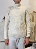 Classic Aran Turtleneck Sweater in Cream Wool