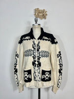 Cowichan-style sweater with tribal pattern and zip closure “XL”